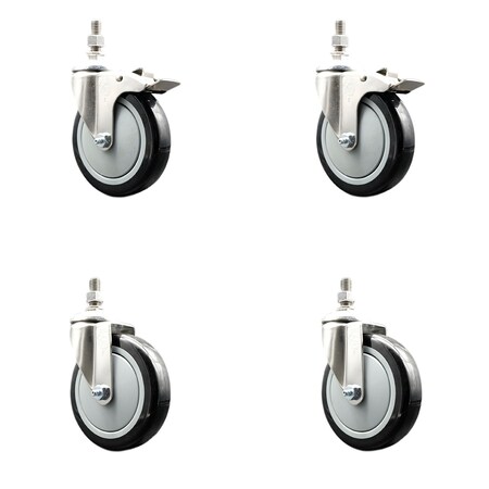 Service Caster 5 Inch 316SS Black Polyurethane 12mm Threaded Stem Caster Lock Brake, 2PK SS316TSTTL20S514-PPUB-BLK-M1215-2-S2